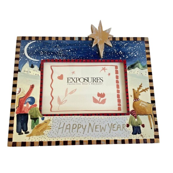 Vintage Exposures Hand Painted HAPPY NEW YEAR Picture Frame North Star UNIQUE - Picture 2 of 12